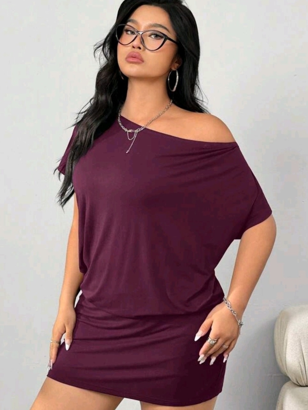 Off-Shoulder Bodycon Mini Dress in Deep Plum
